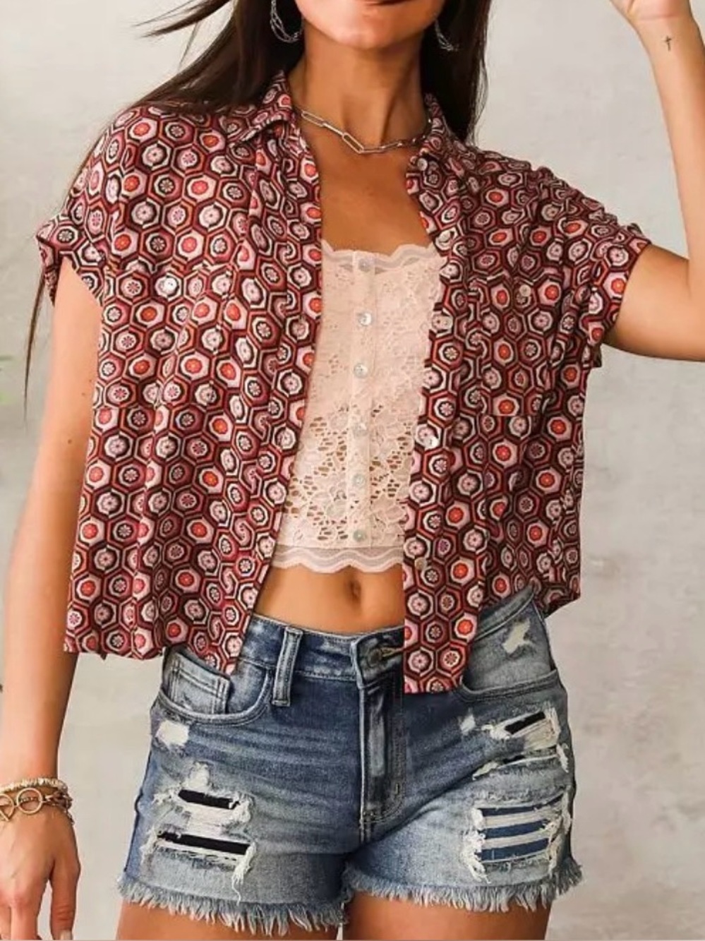 Buckle Willow & Root Retro Geometric Button Front Blouse Women’s M Boho Y2K Top